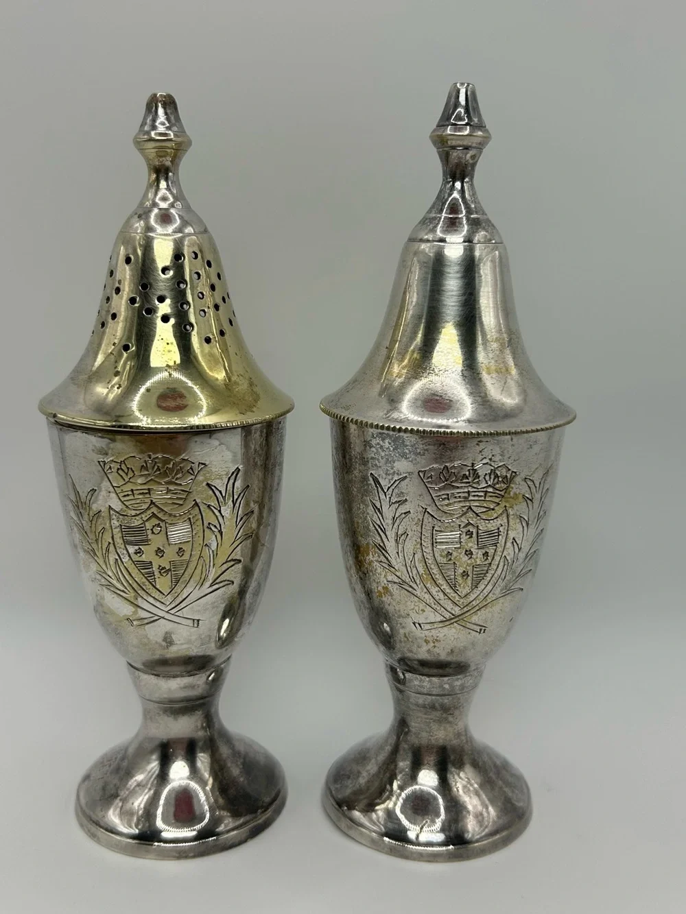 Antique French Napoleon III Salt Pepper Shakers Coat of Arms Heraldry Silver